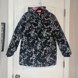 Roxy Black and Gray Floral Kids Winter Ski Jacket Size Large 14/16